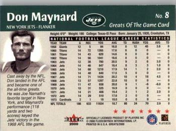 2000 Fleer Greats of the Game #8 Don Maynard Back