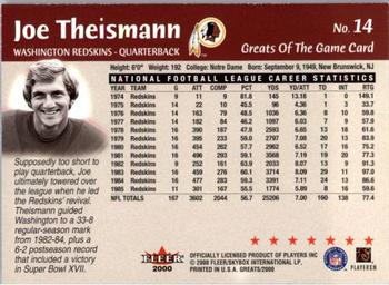 2000 Fleer Greats of the Game #14 Joe Theismann Back