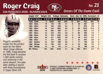 2000 Fleer Greats of the Game #21 Roger Craig Back