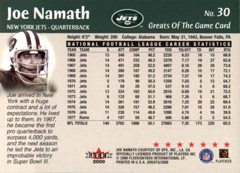 2000 Fleer Greats of the Game #30 Joe Namath Back