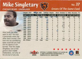 2000 Fleer Greats of the Game #37 Mike Singletary Back