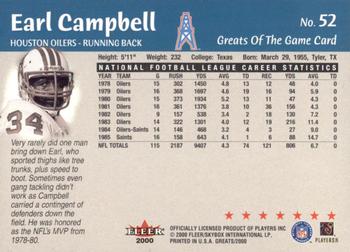 2000 Fleer Greats of the Game #52 Earl Campbell Back