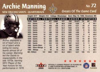2000 Fleer Greats of the Game #72 Archie Manning Back