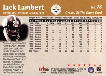 2000 Fleer Greats of the Game #78 Jack Lambert Back
