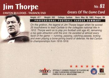 2000 Fleer Greats of the Game #81 Jim Thorpe Back