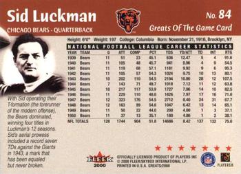 2000 Fleer Greats of the Game #84 Sid Luckman Back
