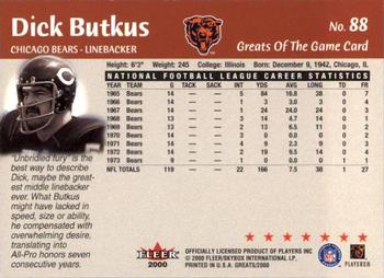 2000 Fleer Greats of the Game #88 Dick Butkus Back