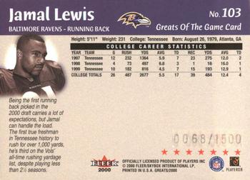 2000 Fleer Greats of the Game #103 Jamal Lewis Back