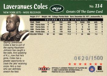 2000 Fleer Greats of the Game #114 Laveranues Coles Back