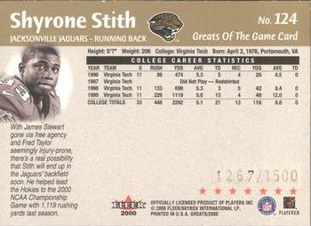2000 Fleer Greats of the Game #124 Shyrone Stith Back