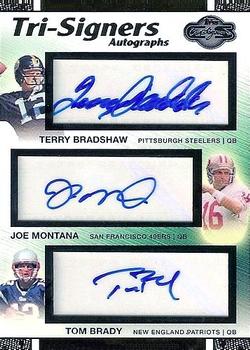 2007 Topps Co-Signers - Tri-Signer Autographs Gold #TSA-BMB Terry Bradshaw / Joe Montana / Tom Brady Front