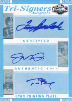 2007 Topps Co-Signers - Tri-Signer Autographs Printing Plates Cyan #TSA-BMB Terry Bradshaw / Joe Montana / Tom Brady Front