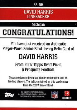 2007 Topps Draft Picks & Prospects - Senior Standout Jersey #SS-DH David Harris Back