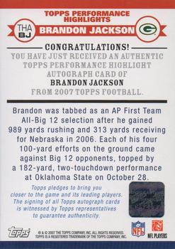 2007 Topps - Performance Highlights Autographs #THA-BJ Brandon Jackson Back