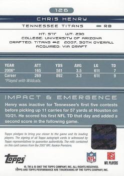 2007 Topps Performance - Rookie Autographed Relics #126 Chris Henry Back