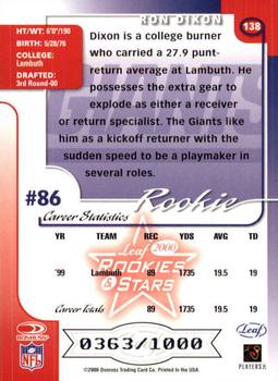 2000 Leaf Rookies & Stars #138 Ron Dixon Back