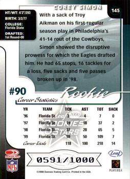 2000 Leaf Rookies & Stars #145 Corey Simon Back