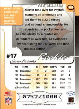 2000 Leaf Rookies & Stars #149 Tee Martin Back