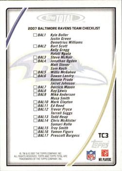 2007 Topps Total - Team Checklists #TC3 Ray Lewis Back