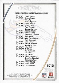 2007 Topps Total - Team Checklists #TC10 Jay Cutler Back