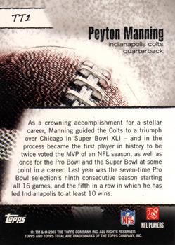 2007 Topps Total - Total Topps #TT1 Peyton Manning Back