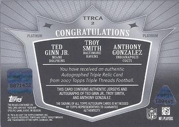 2007 Topps Triple Threads - Autographed Relic Combos Platinum #TTRCA2 Ted Ginn Jr. / Troy Smith / Anthony Gonzalez Back