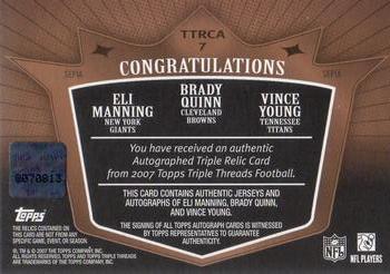 2007 Topps Triple Threads - Autographed Relic Combos Sepia #TTRCA7 Eli Manning / Brady Quinn / Vince Young Back