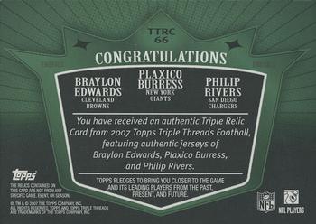 2007 Topps Triple Threads - Relic Combos Emerald #TTRC-66 Braylon Edwards / Plaxico Burress / Philip Rivers Back