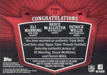 2007 Topps Triple Threads - Relic Combos Red #TTRC-17 Eli Manning / Deuce McAllister / Patrick Willis Back