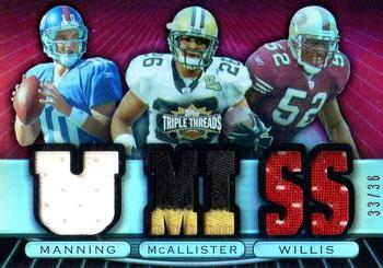 2007 Topps Triple Threads - Relic Combos Red #TTRC-17 Eli Manning / Deuce McAllister / Patrick Willis Front