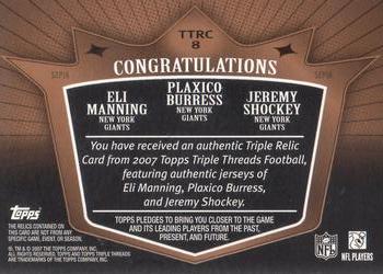 2007 Topps Triple Threads - Relic Combos Sepia #TTRC-8 Eli Manning / Plaxico Burress / Jeremy Shockey Back
