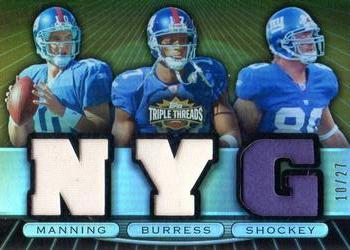 2007 Topps Triple Threads - Relic Combos Sepia #TTRC-8 Eli Manning / Plaxico Burress / Jeremy Shockey Front