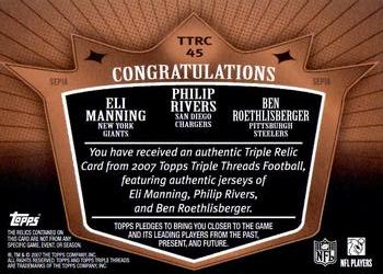 2007 Topps Triple Threads - Relic Combos Sepia #TTRC-45 Eli Manning / Philip Rivers / Ben Roethlisberger Back