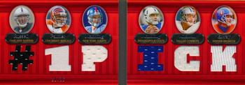 2007 Topps Triple Threads - Relic Double Combos Red #5 JaMarcus Russell / Carson Palmer / Eli Manning / Peyton Manning / Troy Aikman / John Elway Front