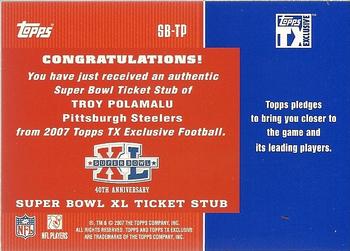 2007 Topps TX Exclusive - Super Bowl Ticket Stub #SB-TP Troy Polamalu Back