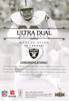 2007 Ultra - Dual Materials Silver #UDM-MA Marcus Allen Back