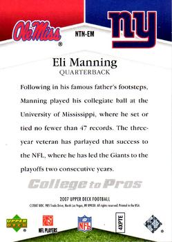 2007 Upper Deck - College to Pros #NTN-EM Eli Manning Back