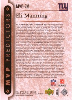 2007 Upper Deck - Predictors: NFL MVP #MVP-EM Eli Manning Back