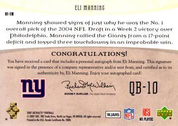 2007 Upper Deck Artifacts - NFL Facts Autographs #NF-EM Eli Manning Back