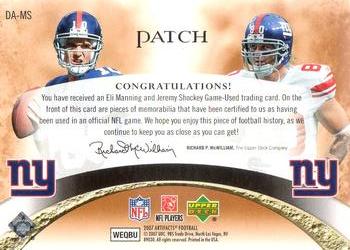 2007 Upper Deck Artifacts - NFL Artifacts Dual Patch #DA-MS Eli Manning / Jeremy Shockey Back