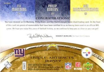 2007 Upper Deck Artifacts - NFL Artifacts Triple #TA-MRR Eli Manning / Philip Rivers / Ben Roethlisberger Back