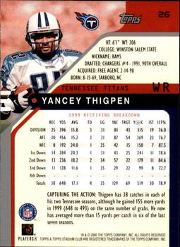2000 Stadium Club #26 Yancey Thigpen Back
