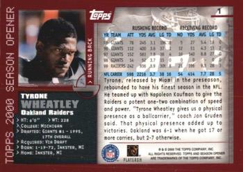 2000 Topps Season Opener #1 Tyrone Wheatley Back