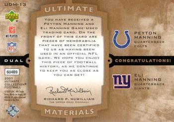 2007 Upper Deck Ultimate Collection - Ultimate Materials Dual Patch #UDM-13 Peyton Manning / Eli Manning Back