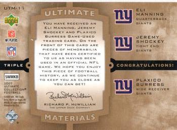 2007 Upper Deck Ultimate Collection - Ultimate Materials Triple Patch #UTM-11 Eli Manning / Jeremy Shockey / Plaxico Burress Back
