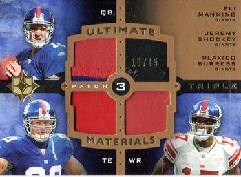 2007 Upper Deck Ultimate Collection - Ultimate Materials Triple Patch #UTM-11 Eli Manning / Jeremy Shockey / Plaxico Burress Front