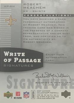 2007 Upper Deck Ultimate Collection - Write of Passage Signatures #WP-RM Robert Meachem Back