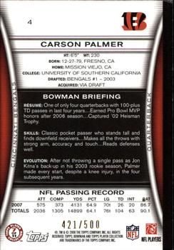 2008 Bowman - Blue #4 Carson Palmer  Back