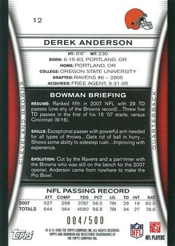 2008 Bowman - Blue #12 Derek Anderson  Back