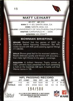 2008 Bowman - Blue #15 Matt Leinart  Back